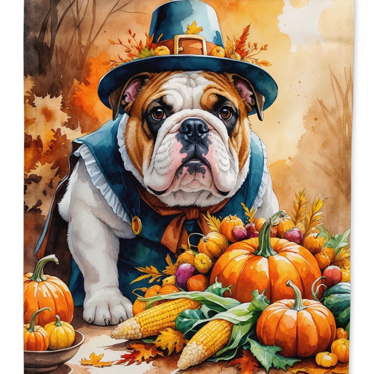 Edge Collections - 28" x 40" - Multicolor - English Bulldog Thanksgiving House Flag Decorative Sleeve Pole Banner - 1 Piece